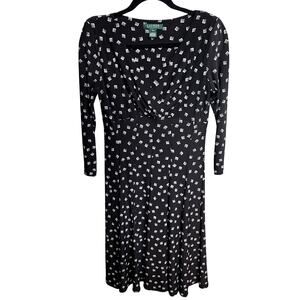 Lauren Ralph Lauren Dress Size 6 Black‎ White Geo Print Long Sleeve Midi Y2K